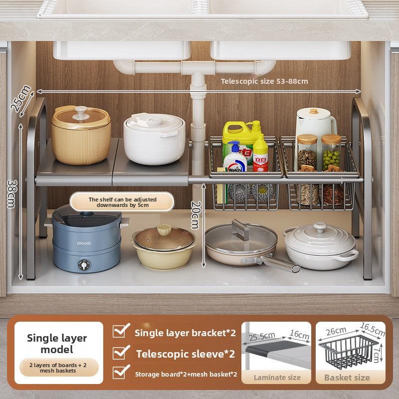 Kitchen Storage Rack, Extendable Cabinet Pot Storage Shelf, Under-Sink Storage Cabinet Organizer