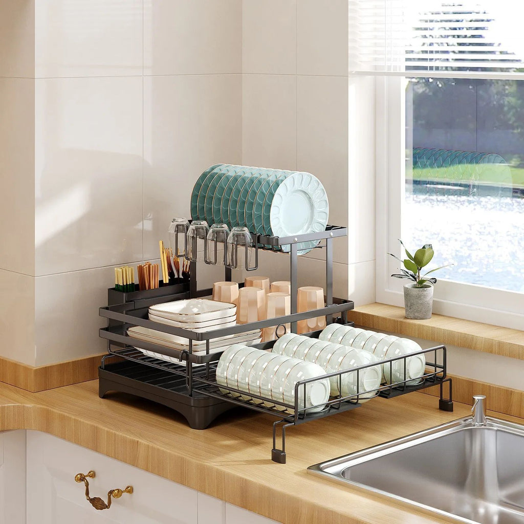 Retractable Dish Drying Rack — Expandable 2-Tier Carbon Steel Kitchen Rack with Cup Holders