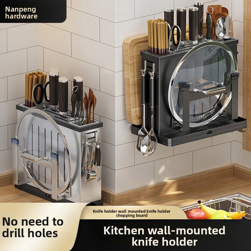 Wall Mounted Stainless Steel Knife Holder with Cutting Board Storage