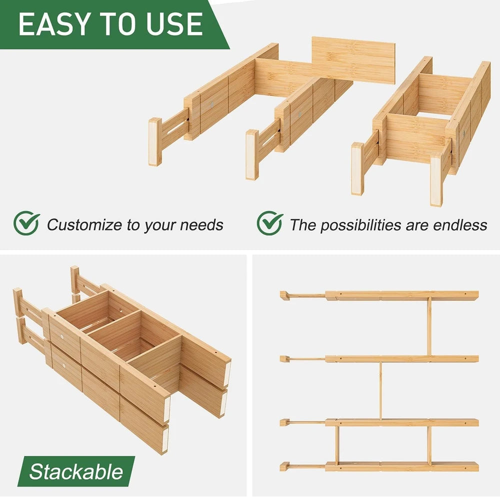 Adjustable Bamboo Drawer Dividers — Expandable Kitchen & Dresser Organizer