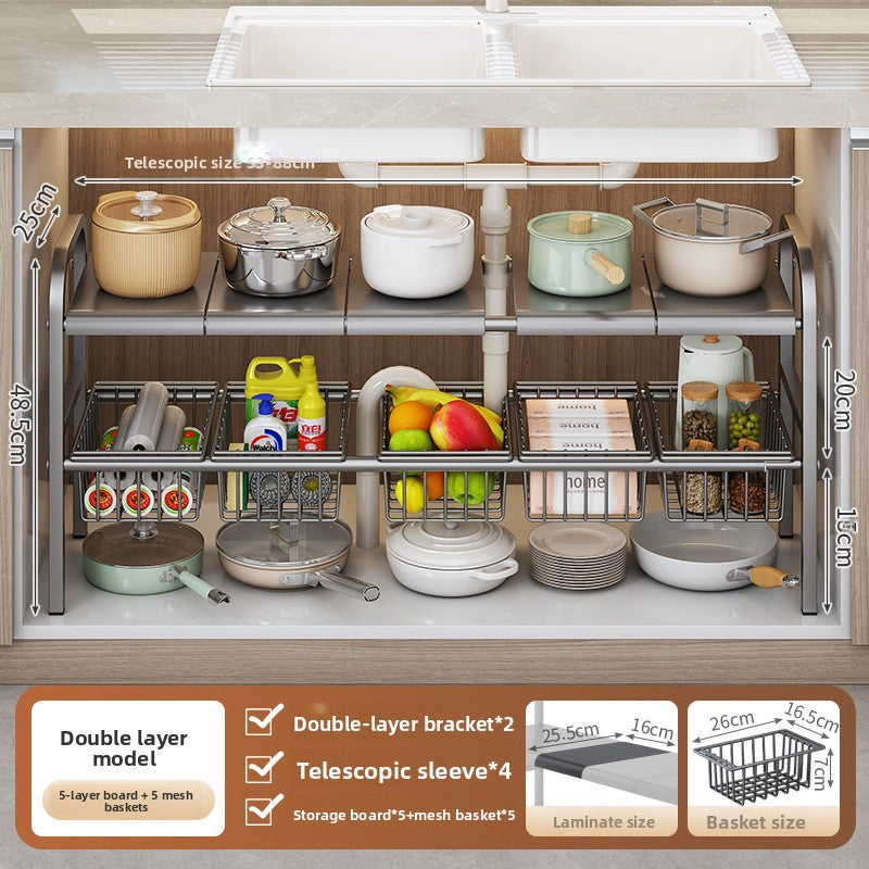 Kitchen Storage Rack, Extendable Cabinet Pot Storage Shelf, Under-Sink Storage Cabinet Organizer