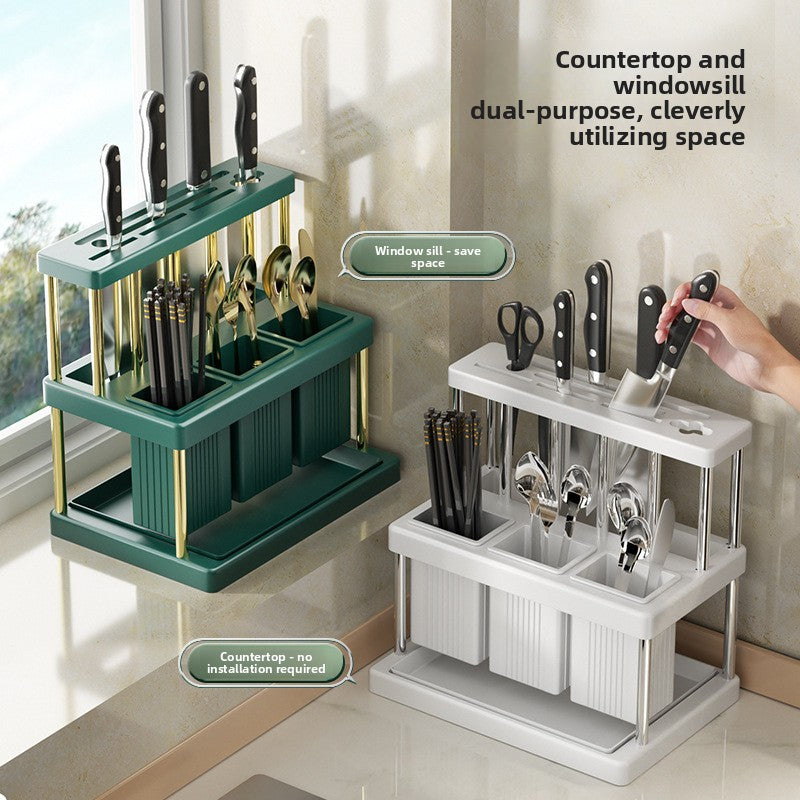 Countertop Kitchen Storage Rack — L-Shaped Knife, Chopstick & Utensil Organizer