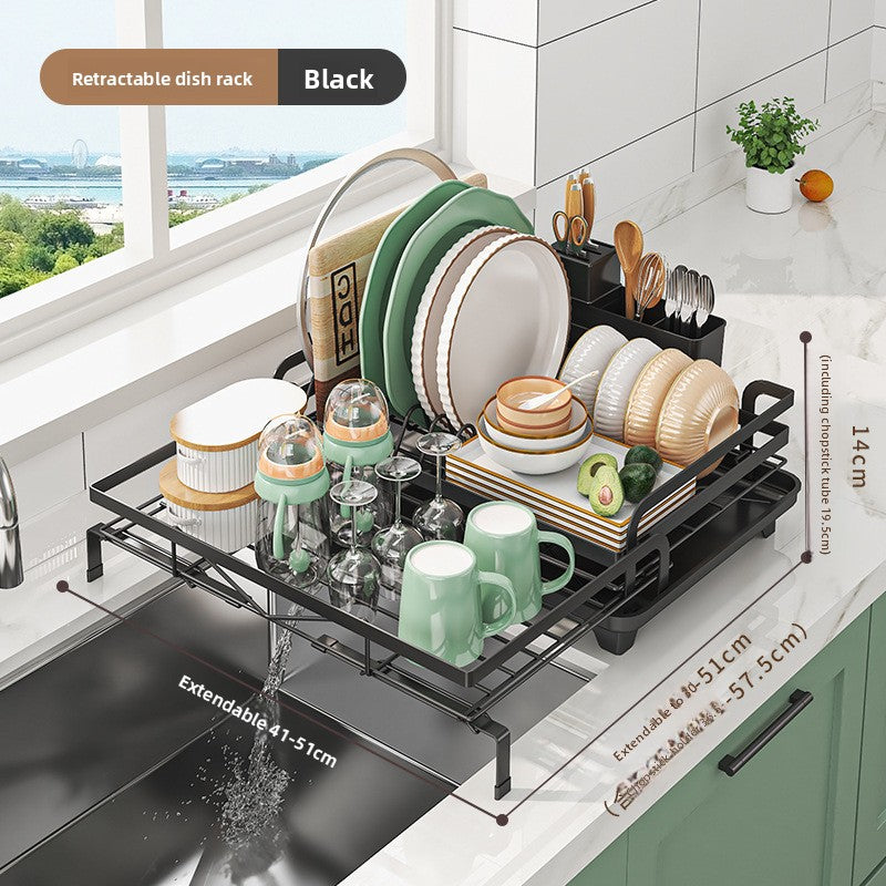 Retractable Dish Drying Rack — Expandable 2-Tier Carbon Steel Kitchen Rack with Cup Holders