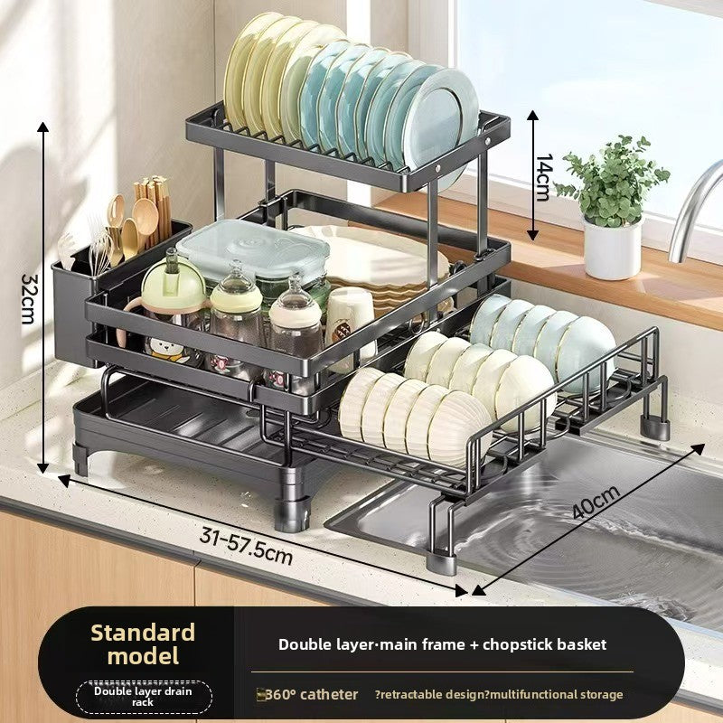 Retractable Dish Drying Rack — Expandable 2-Tier Carbon Steel Kitchen Rack with Cup Holders