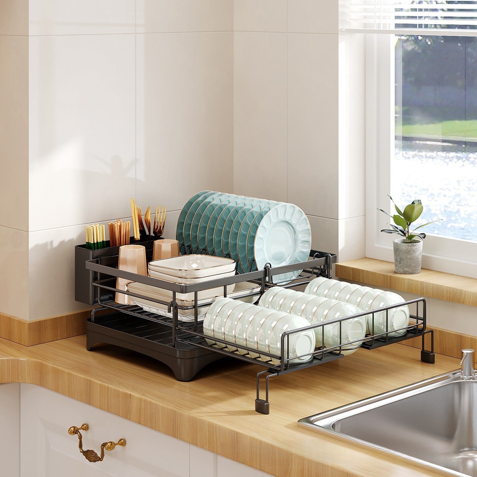 Retractable Dish Drying Rack — Expandable 2-Tier Carbon Steel Kitchen Rack with Cup Holders