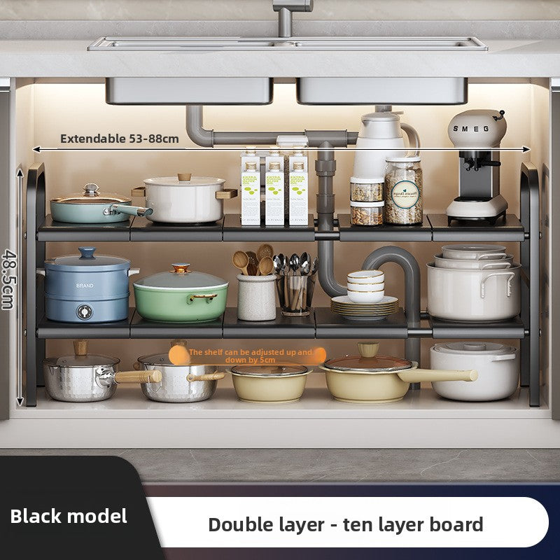 Kitchen Storage Rack, Extendable Cabinet Pot Storage Shelf, Under-Sink Storage Cabinet Organizer