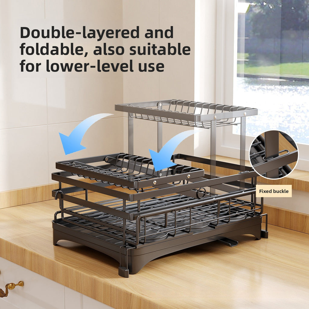Retractable Dish Drying Rack — Expandable 2-Tier Carbon Steel Kitchen Rack with Cup Holders