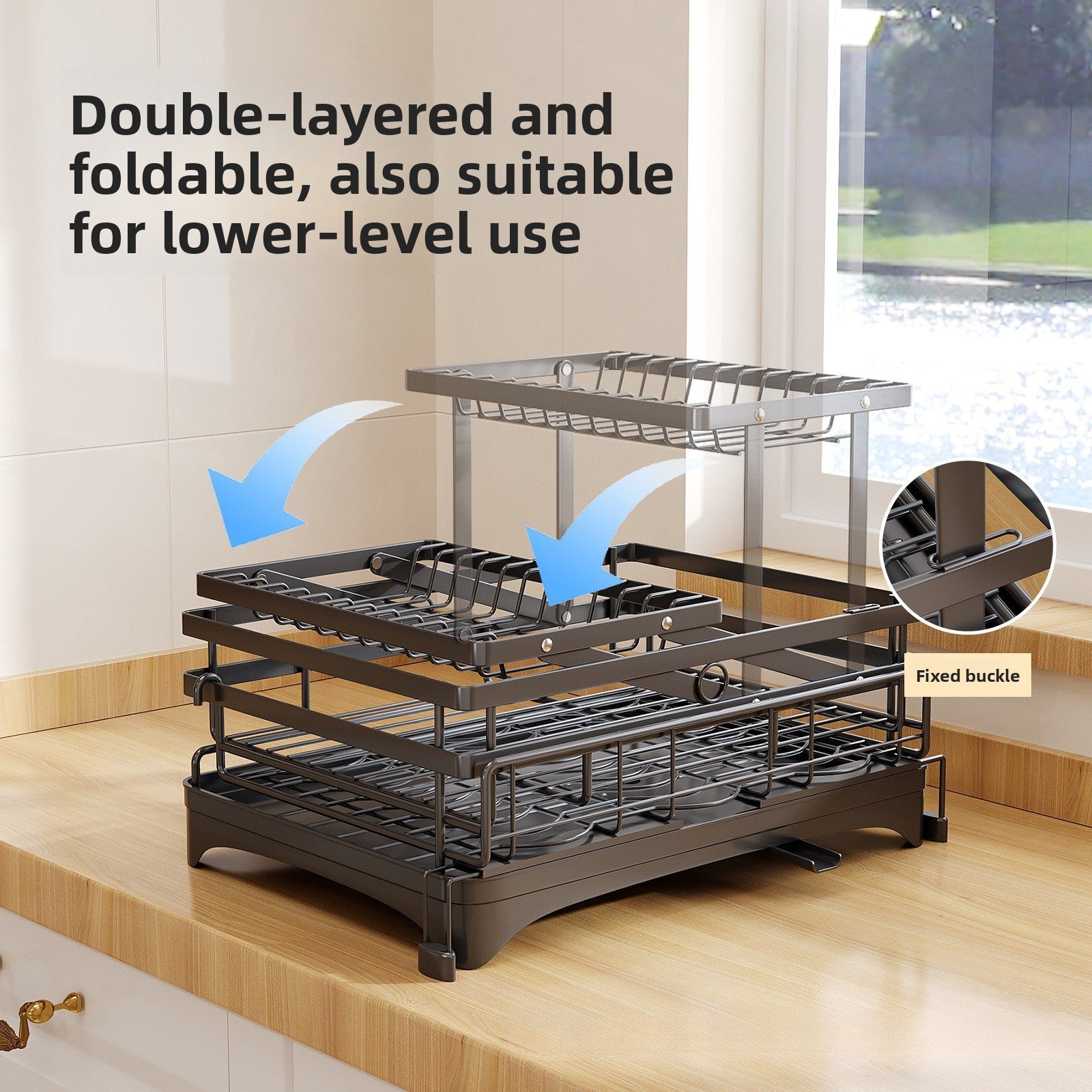 Retractable Dish Drying Rack — Expandable 2-Tier Carbon Steel Kitchen Rack with Cup Holders