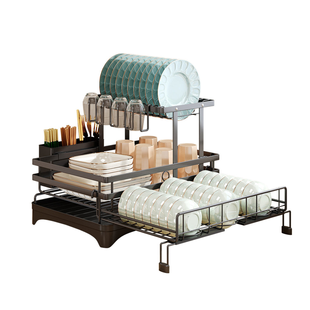 Retractable Dish Drying Rack — Expandable 2-Tier Carbon Steel Kitchen Rack with Cup Holders