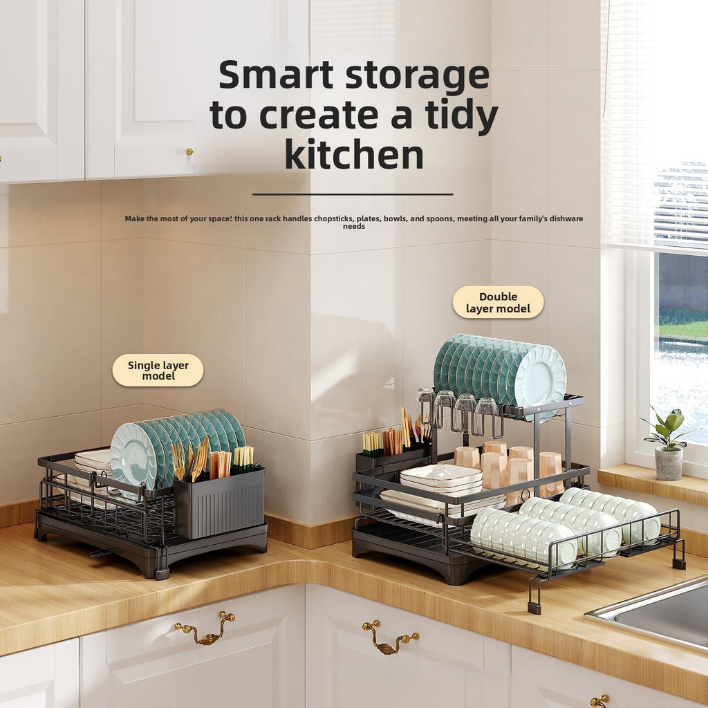 Retractable Dish Drying Rack — Expandable 2-Tier Carbon Steel Kitchen Rack with Cup Holders