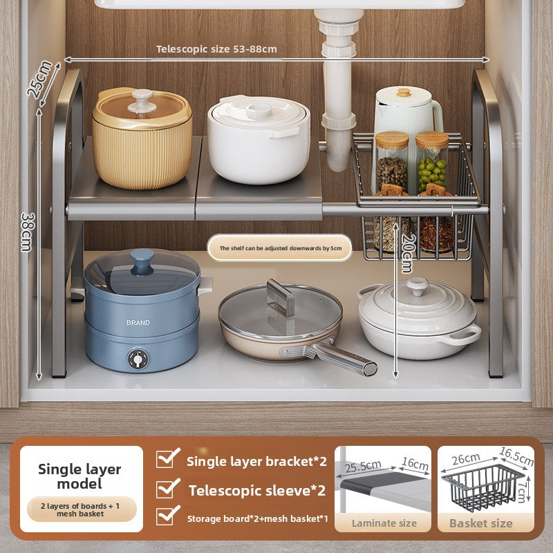 Kitchen Storage Rack, Extendable Cabinet Pot Storage Shelf, Under-Sink Storage Cabinet Organizer