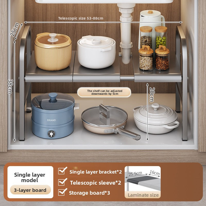 Kitchen Storage Rack, Extendable Cabinet Pot Storage Shelf, Under-Sink Storage Cabinet Organizer